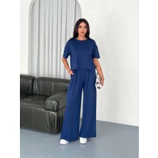 Osy Modal Yumuşak Dokulu Kumaş Bisiklet Yaka T-Shirt Bol Paça Pantalon Ikili Takım -Saks Mavi