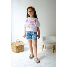 Cg Kids Nakışlı Flowers Çiçek Nakışlı T-Shirt Jean Püskül Paça Şort Nakışlı Detay Kız Çocuk Alt Üst Takım