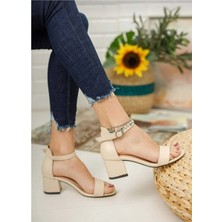 Moda Ayakkabı 0854 Cilt Krem 5cm Topuklu Kadın Sandalet