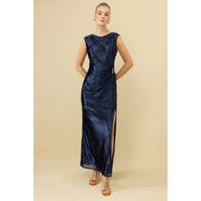 Ekol Kadın Parlak Kumaş Maxi Boy Abiye Elbise 5092 Lacivert