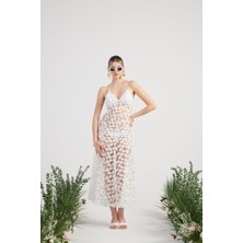 Özel Yapım Yaprak Kumaşlı Uzun Beatriz Elbise Beyaz