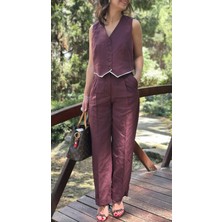 Kadın Bordo Keten Görünümlü Yelek Pantolon Takım