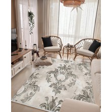 Klasik Damask Desenli Halı, Bej Gri Renk, Kaymaz Tabanlı, Yıkanabilir, Zarif Salon Dekoru Için