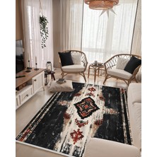 Etnik Desenli Siyah Salon Halısı – Eskitme Görünüm, Makinede Yıkanabilir, Kaymaz Taban