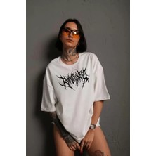 35AVM Unisex Bisiklet Yaka Baskılı Oversize T-Shirt - Beyaz