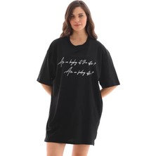 35AVM Unisex Bisiklet Yaka Baskılı Oversize T-Shirt - Siyah