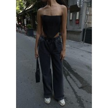 35AVM  Arkadan Yırtmaçlı Jeans Kot Palazzo Pantolon - Siyah