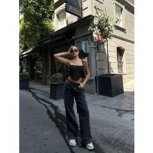 35AVM  Arkadan Yırtmaçlı Jeans Kot Palazzo Pantolon - Siyah