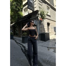 35AVM  Arkadan Yırtmaçlı Jeans Kot Palazzo Pantolon - Siyah