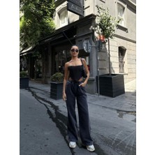 35AVM  Arkadan Yırtmaçlı Jeans Kot Palazzo Pantolon - Siyah
