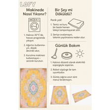 Sarı Zeminli Pembe Mavi Desenli Halı, Eskitme Vintage Tasarım, Kaymaz Taban, Yıkanabilir Model