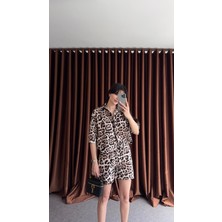 Poplin Leopar Şort-Gömlek Takım
