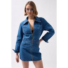 35AVM Cep Detaylı Fermuarlı Denim Elbise