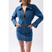 35AVM Cep Detaylı Fermuarlı Denim Elbise