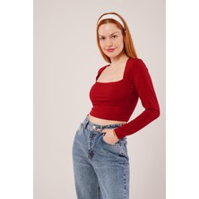 35AVM Kare Yaka Basic Bordo Bluz