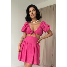 35AVM Fuşya Brode Crop ve Mini Etek Takım