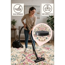 Vintage Çiçek Desenli Halı Eskitme Görünümlü, Makinede Yıkanabilir, Kaymaz Tabanlı