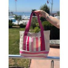 Mevka Baby %100 Pamuk Kanvas Dokuma Çizgili Keten 3 Adet Cepli Omuz Çantası – Pembe /beyaz- 45*45*10- içi geniş cepli spor kumaş çanta