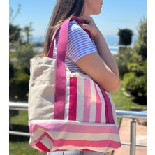 Mevka Baby %100 Pamuk Kanvas Dokuma Çizgili Keten 3 Adet Cepli Omuz Çantası – Pembe /beyaz- 45*45*10- içi geniş cepli spor kumaş çanta