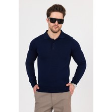 Hateko Saf  Pamuk Lacivert Polo Yaka Triko Kazak
