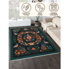 Çiçek ve Kuş Desenli Siyah Halı – Kaymaz & Makinede Yıkanabilir | Bebek ve Evcil Dostu Tasarım