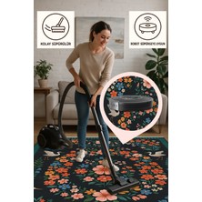 Çiçek ve Kuş Desenli Siyah Halı – Kaymaz & Makinede Yıkanabilir | Bebek ve Evcil Dostu Tasarım