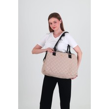Sevil Collection  Sevil Collection Anne Bebek Bakım Çantası Kum Beji  Kapitone Desenli Kumaş Geniş Omuz Askılı
