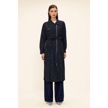 Olcay Mendil Yaka Fermuar Kapamalı Simli Jakar Desenli Astarsız Kap LACİVERT 6740