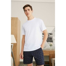 Elemge %100 Pamuk Erkek Şort Pijama Cepli Desenli Penye Esnek Rahat Kalıp Lastikli Terletmez Esnek Lacivert Ev Şortu Pijama Altı