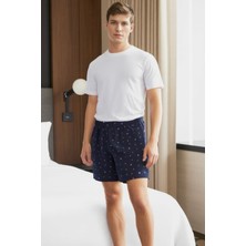 Elemge %100 Pamuk Erkek Şort Pijama Cepli Desenli Penye Esnek Rahat Kalıp Lastikli Terletmez Esnek Lacivert Ev Şortu Pijama Altı