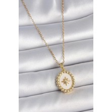 316L Çelik Gold Renk Zincir Beyaz Mineli Kutup Yıldız Işlemeli Madalyon Model Kadın Kolye