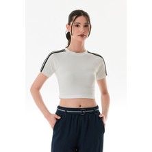 Fitilli Kolları Şeritli Crop Tişört