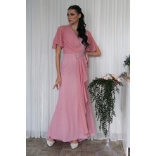 Feminist Pudra Beli Taş Detaylı Yarım Kol Tesettür Abiye 08061271.79