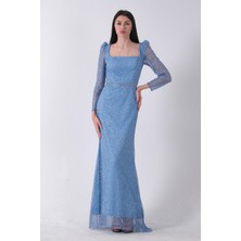 Feminist Mavi Taş Işlemeli Balık Abiye Elbise 9705141.16