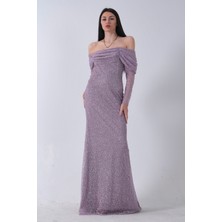 Feminist Lavanta Kayık Yaka Simli Uzun Kol Abiye 9705266.333