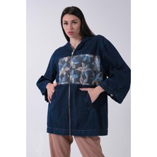 Lacivert Kapüşonlu Önü Çiçek Desenli Kot Ceket 44510672.02