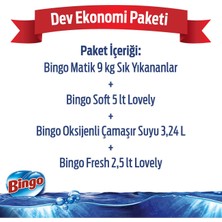 Bingo "Dev Ekonomi Paketi ; Bingo Matik 9 kg Sık Yıkananlar + Bingo Soft 5 ltLovely + Bingo Fresh 2,5 lt Lovely +  Bingo Oksijen Çamaşır Suyu"