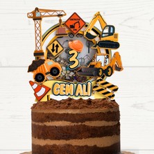 Iş Makineleri Temalı Erkek Çocuk Doğum Günü Isme Özel 3D Pasta Parti Süsü Cake Topper (22 x 22 cm )