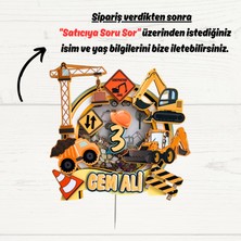 Iş Makineleri Temalı Erkek Çocuk Doğum Günü Isme Özel 3D Pasta Parti Süsü Cake Topper (22 x 22 cm )