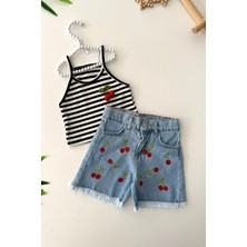 Miniğimin Cicileri Kiraz Işlemeli Kot Şortlu Croplu Kız Çocuk 2 li takım - Mavi