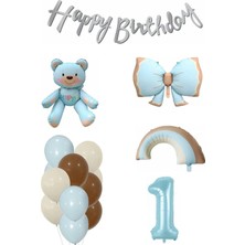 Mavi Ayıcık Gökkuşağı Temalı Erkek Bebek Konsept Doğum Günü Yaş Seti