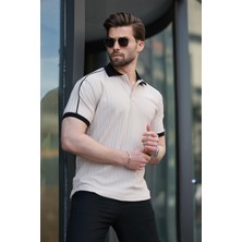 Bej Desenli Polo Yaka Triko Erkek Tişört E7155