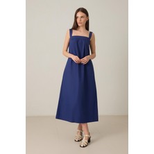 Setre Lacivert %100 Pamuk Geniş Kalıp Kare Yaka Pamuklu Dikiş Detaylı Midi Boy Elbise