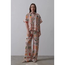 Defy Moda Baskılı Kısa Kol Pantolon Takım - Taş-Oranj