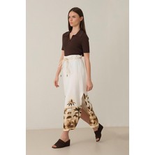 Setre Ekru Tam Kalıp Desenli Midi Boy Etek