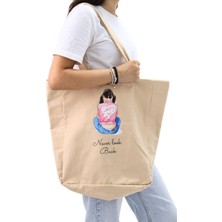 Bez Kadın Çantası, Geniş Hacimli, Krem Kız Baskılı El Ve Omuz Bez Çanta