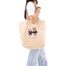 Bez Kadın Çantası, Geniş Hacimli, Krem Iki Ayıcık Baskılı El Ve Omuz Bez Çanta