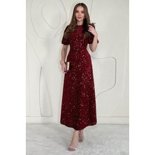 Elbee Fashion Woman Bordo Midi Boy Pul Payet Elbise