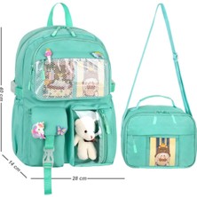 Kawaii Kore Tarzı Aksesuarlı Ilkokul Sırt ve Beslenme Çantası Su Yeşili 25002