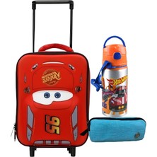 Ottonya Cars Çekçekli Anaokulu Çantası Çift Gözlü Kalemlik - Hotwheels Aluminyum Matara Hediye
